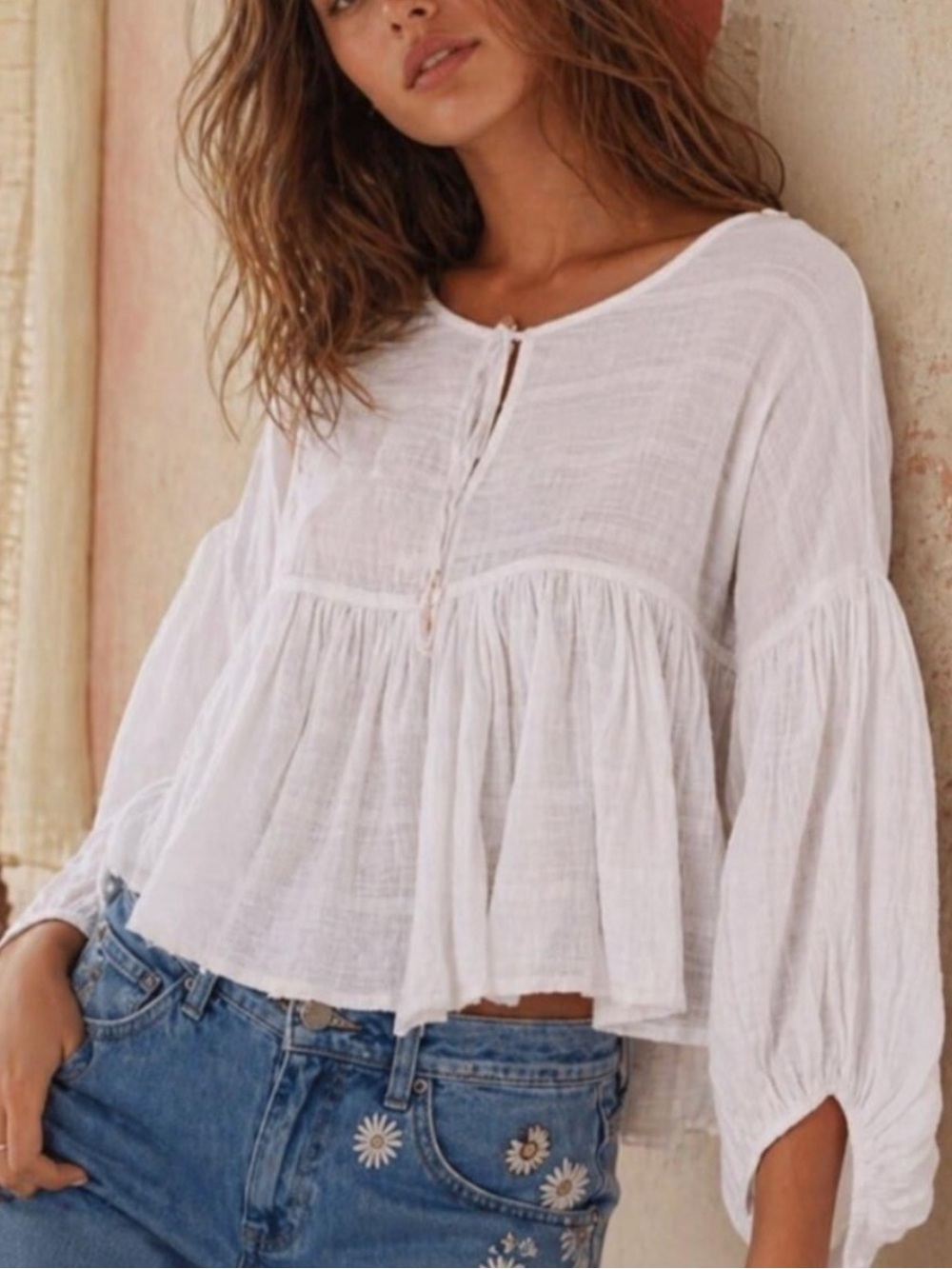 Free People Beaumont Mews Cream Peasant Blouse with Tie Neck